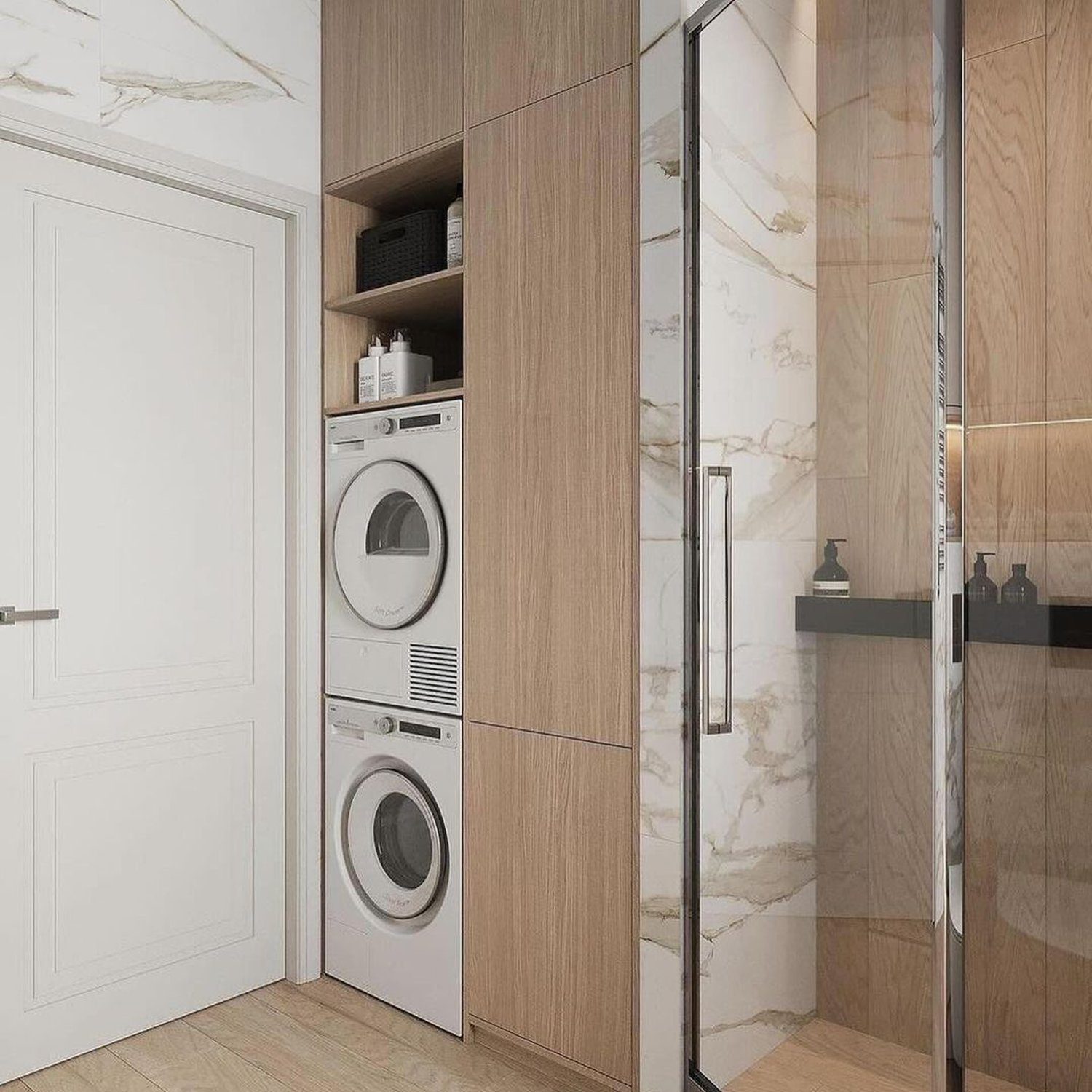 A modern space-saving laundry nook integrated into wooden cabinetry