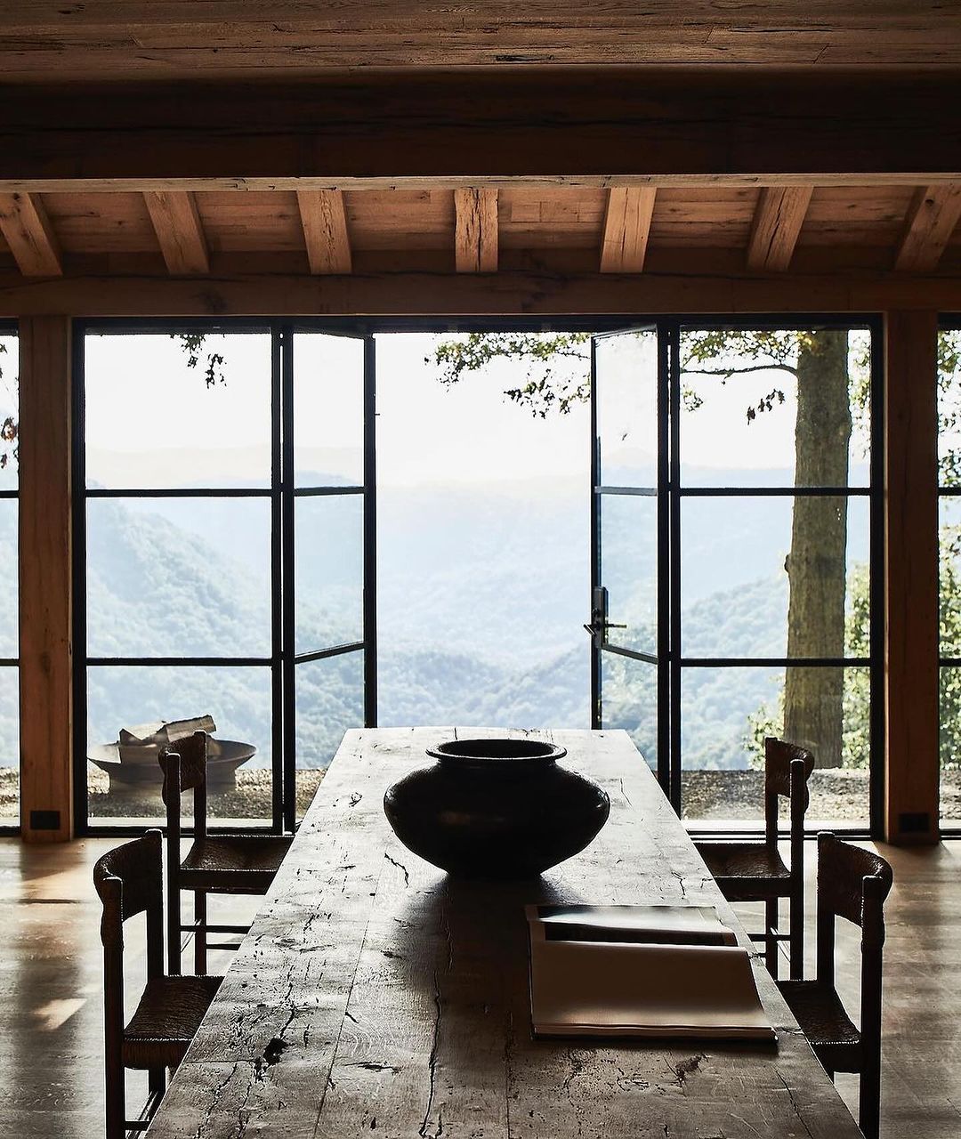 Rustic Interior Overlooking a Mountain View