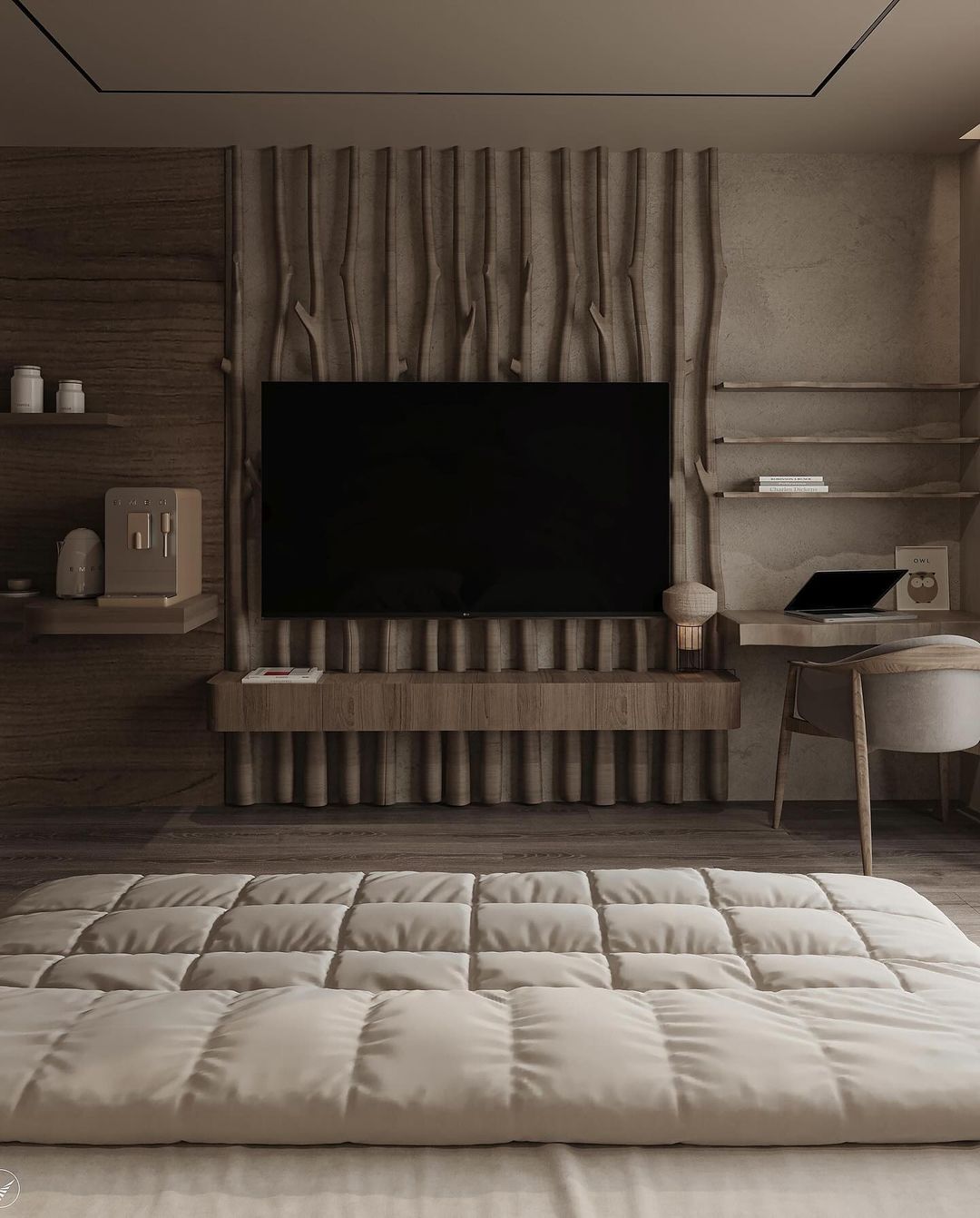 A serene and modern bedroom with textured wood paneling