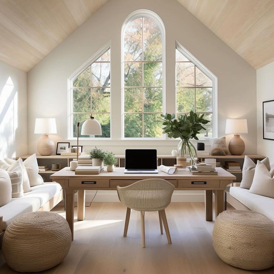 Chic Home Office with Arched Windows