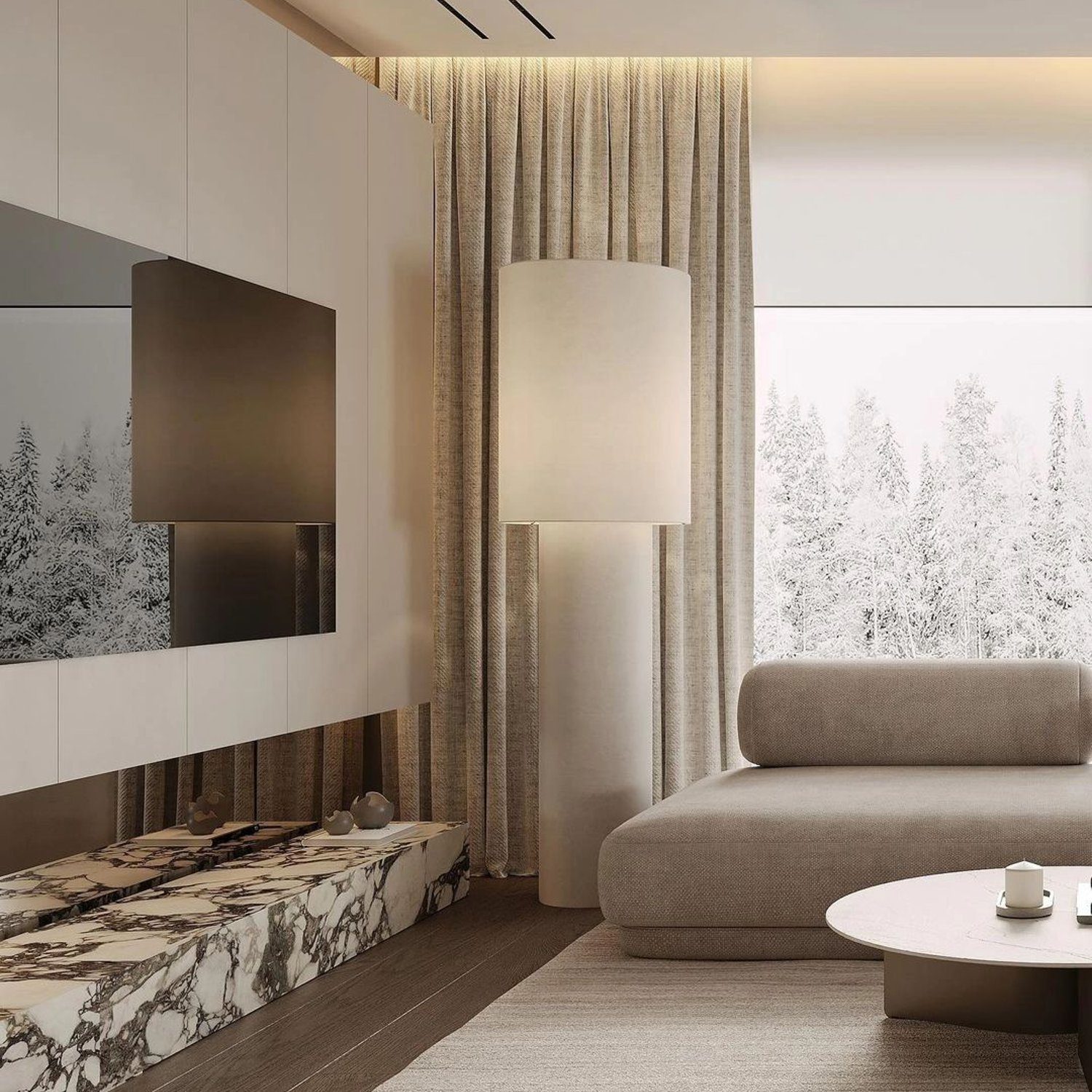 A modern living room design featuring an immaculate winter view