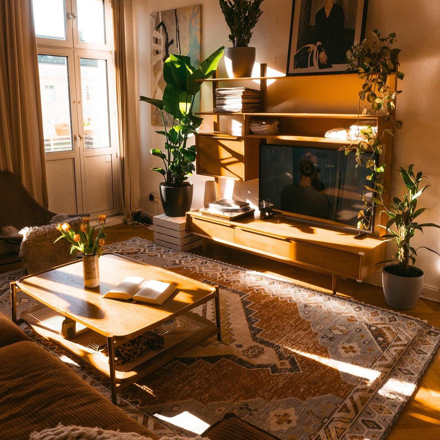 Cozy living room space bathed in warm sunlight