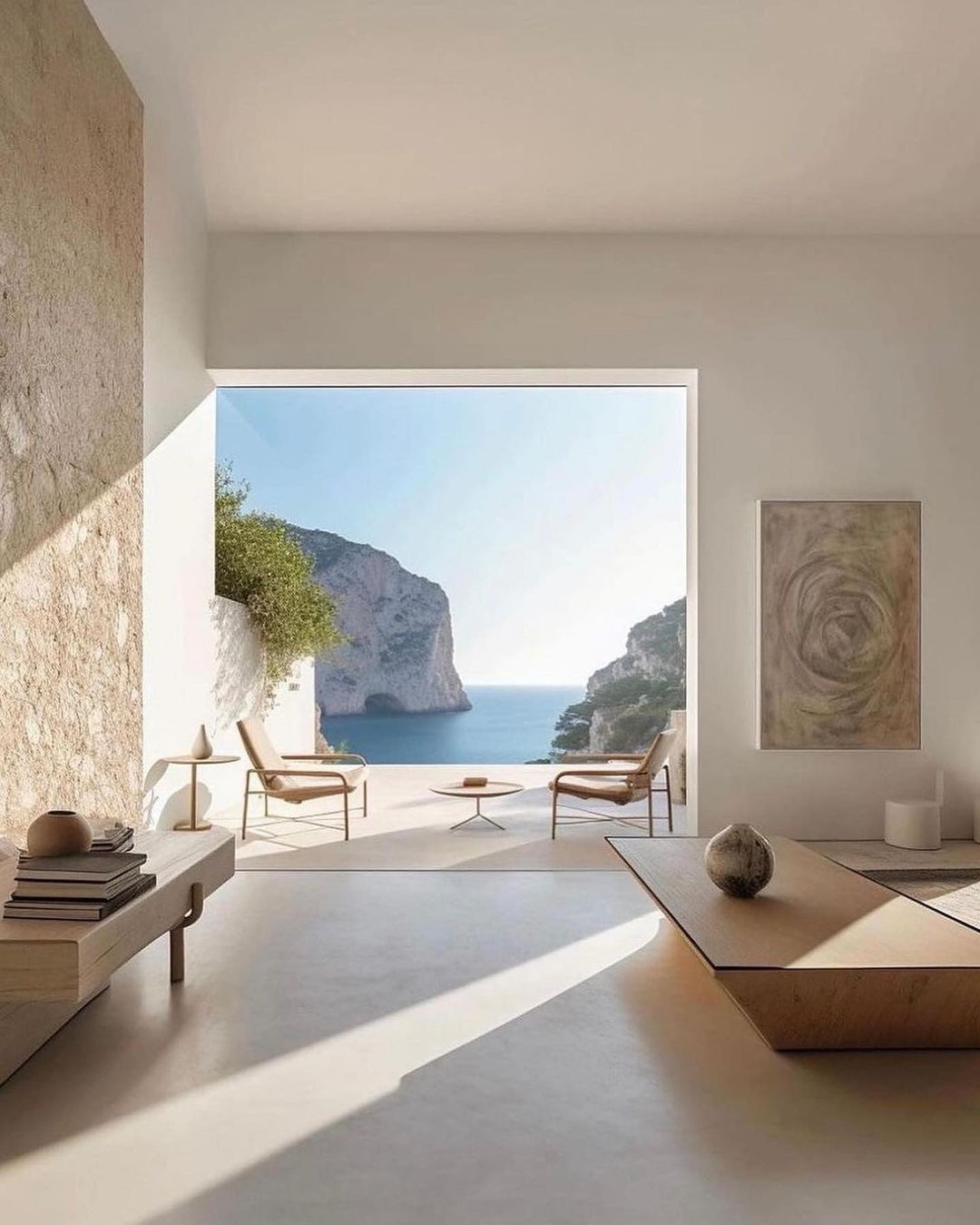 A modern, minimalist living room seamlessly blends with a magnificent sea view