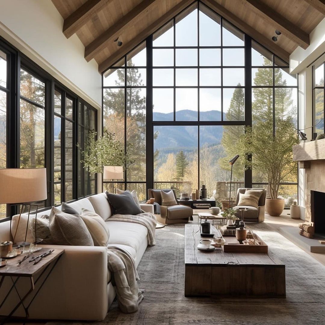 A serene living room with breathtaking mountain views