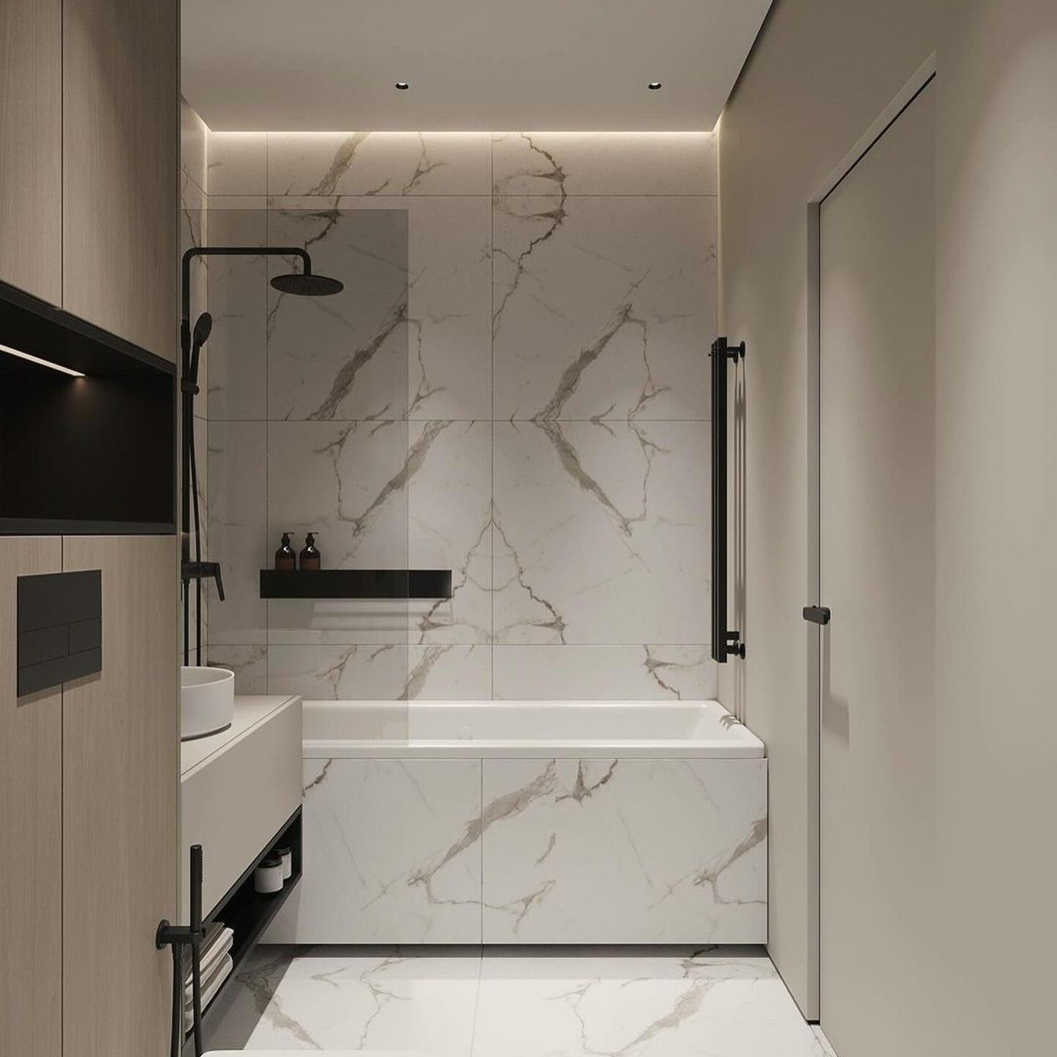 Modern minimalist bathroom with marble tiles