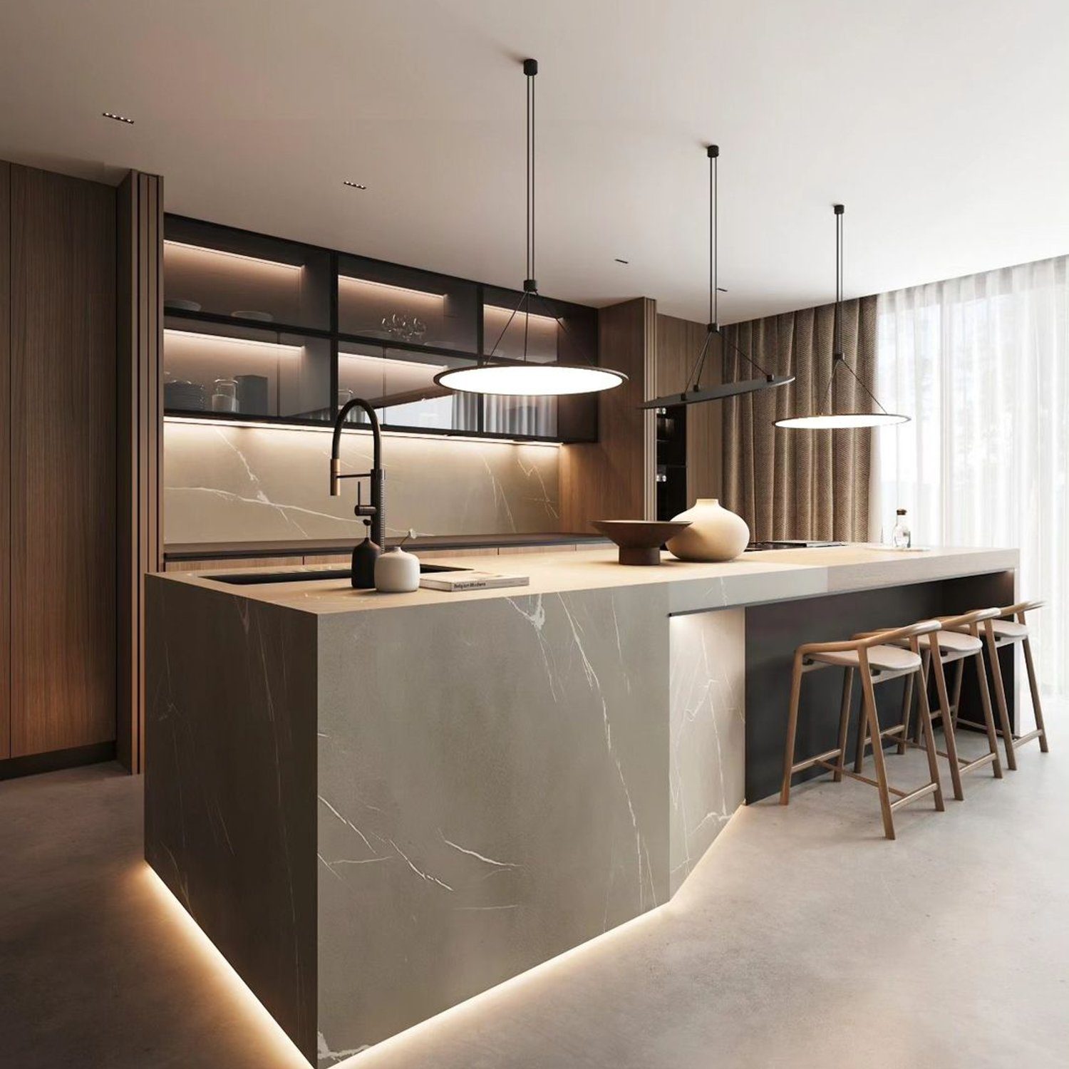 A modern kitchen with sophisticated lighting