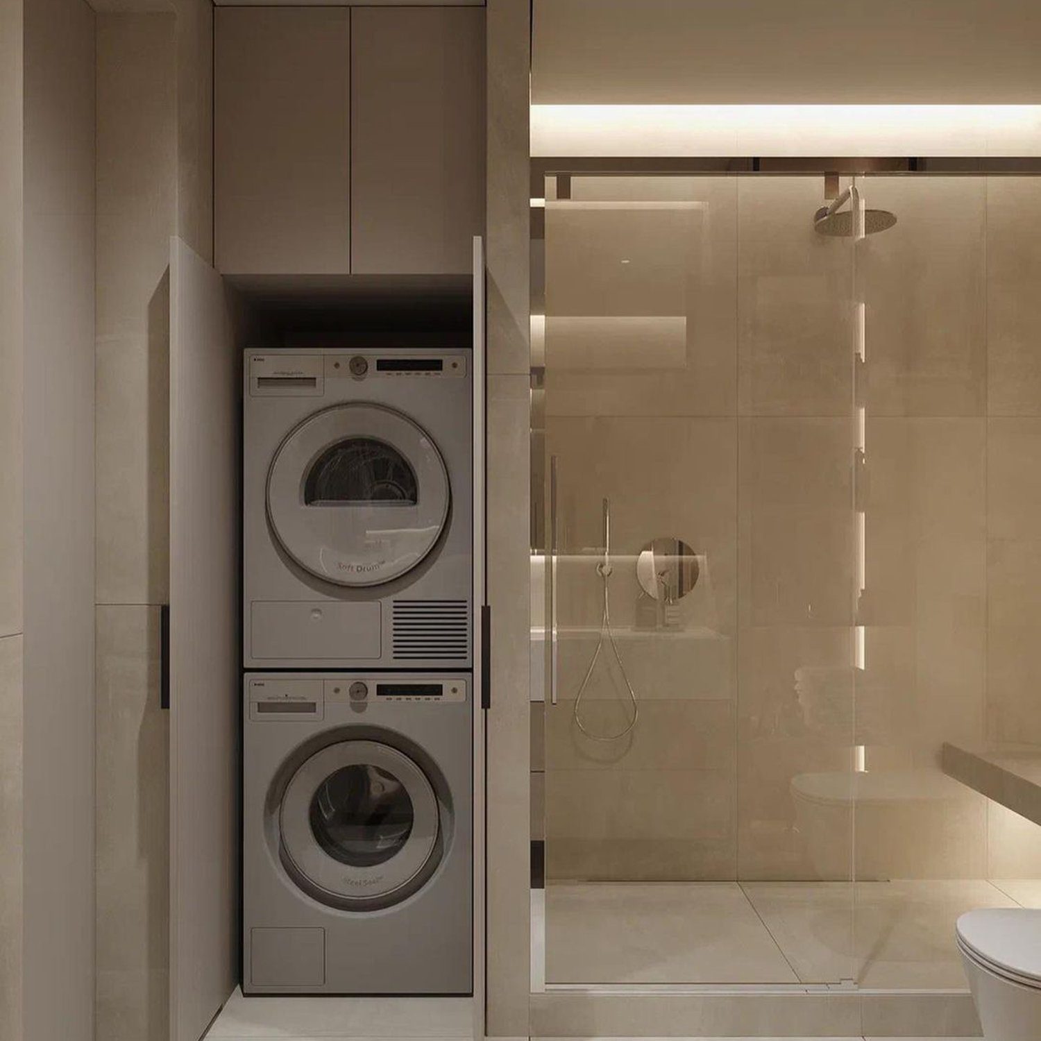 A modern bathroom with laundry appliances