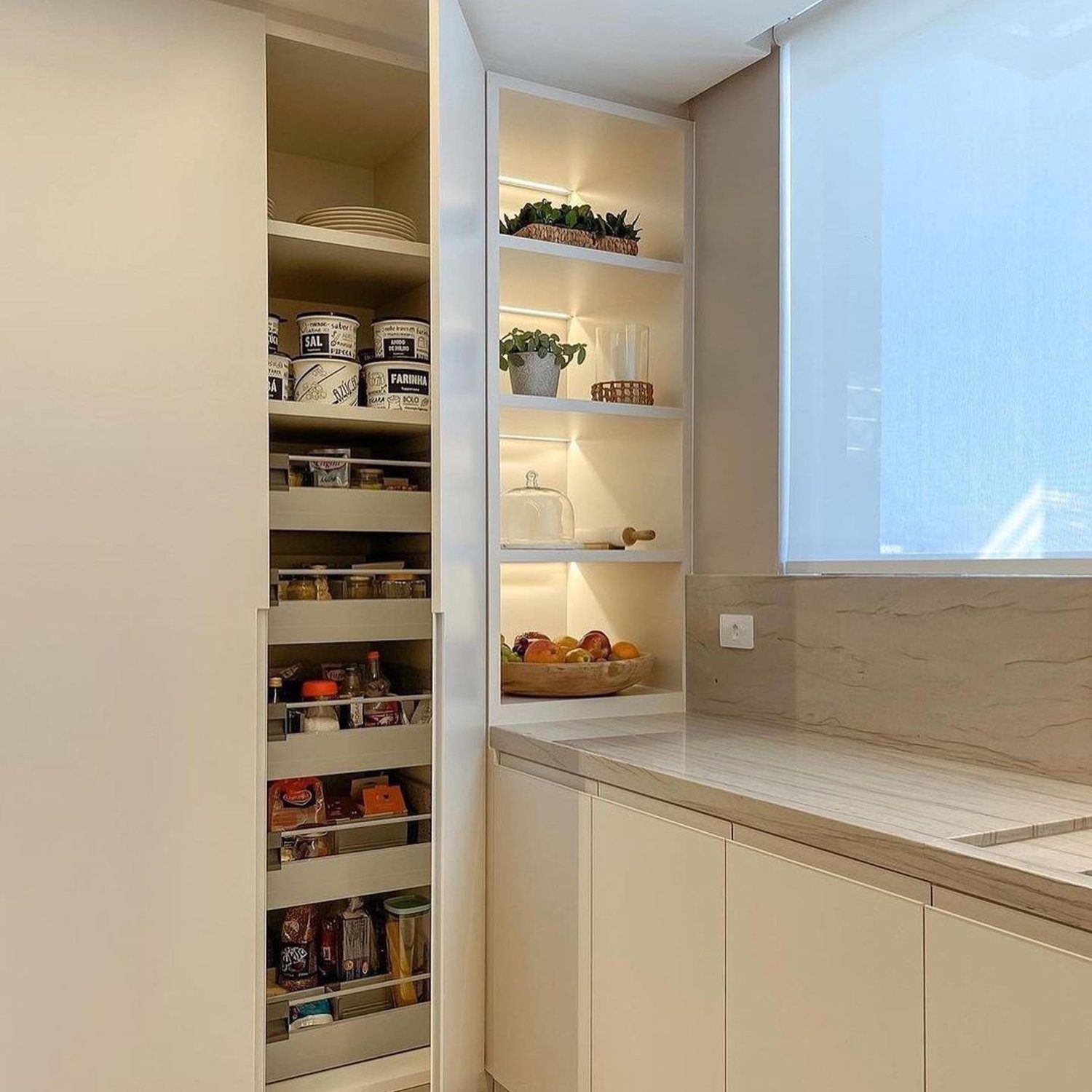 A well-organized pantry with open shelving