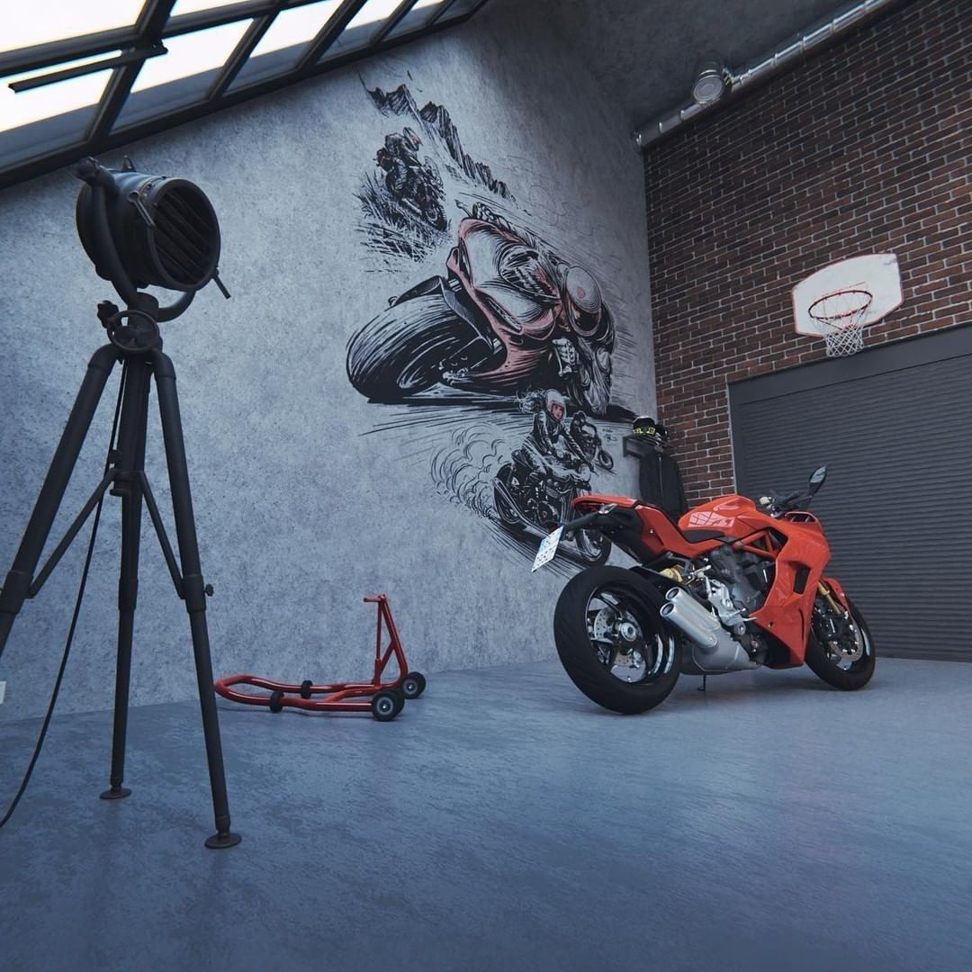 A modern urban garage featuring a vibrant red sports bike