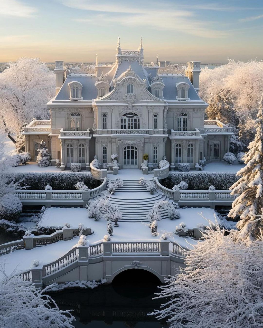 A majestic winter wonderland with a grand chateau