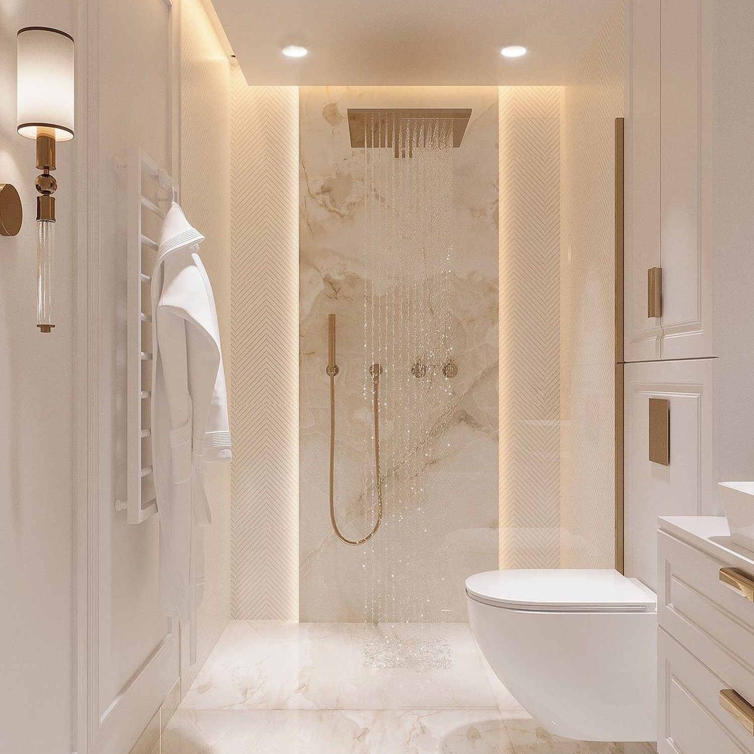 Luxurious modern bathroom with marble tiles and elegant fixtures