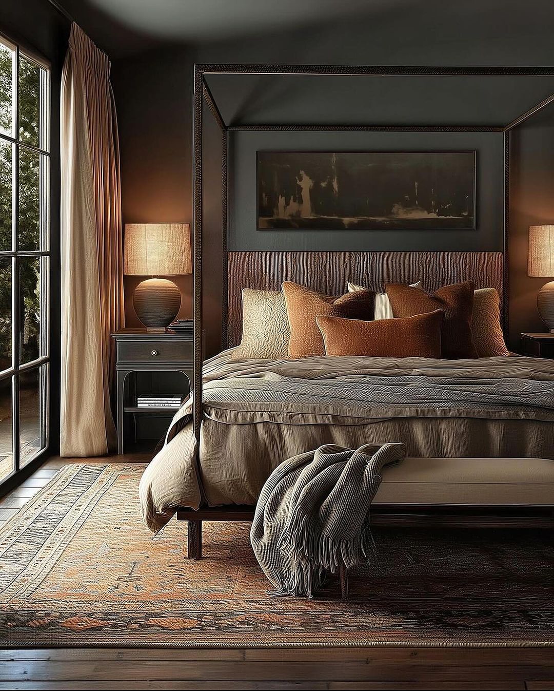 A thoughtfully appointed bedroom with rich textures and deep colors