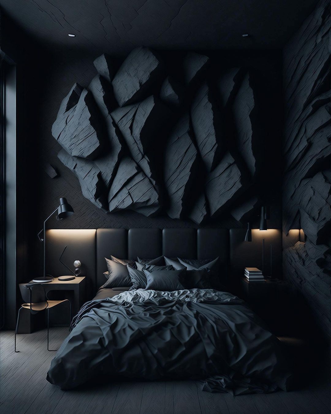 A monochromatic bedroom with textured walls