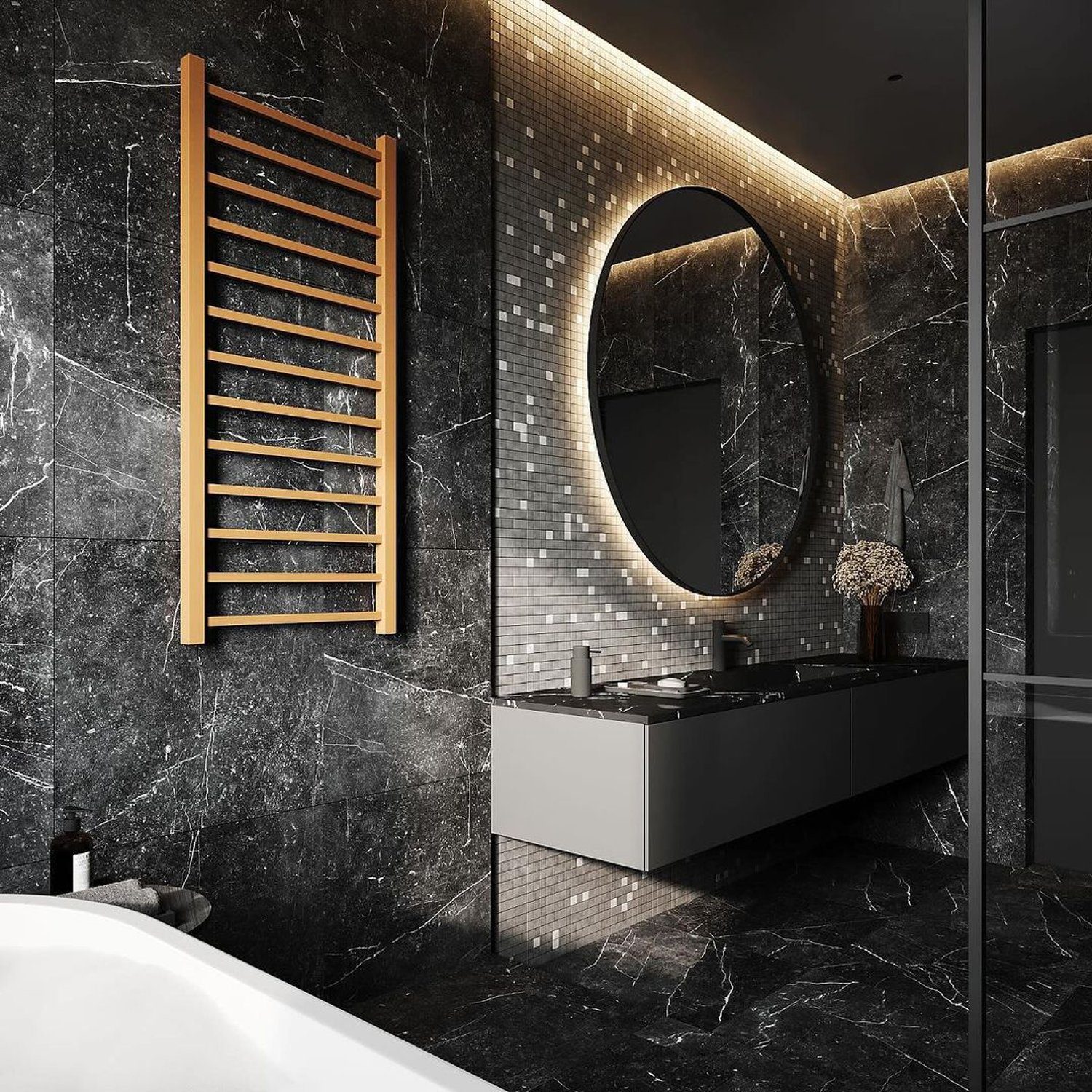 Luxurious modern bathroom design with dark marble finish