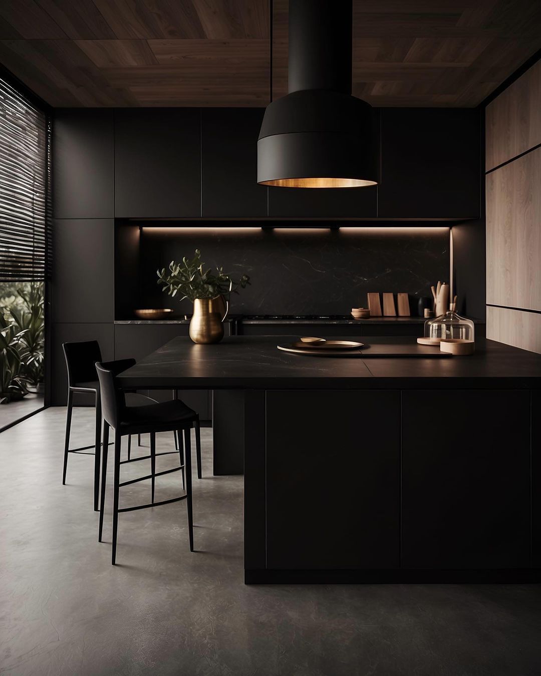 A modern kitchen with sleek black cabinetry and gold accents.