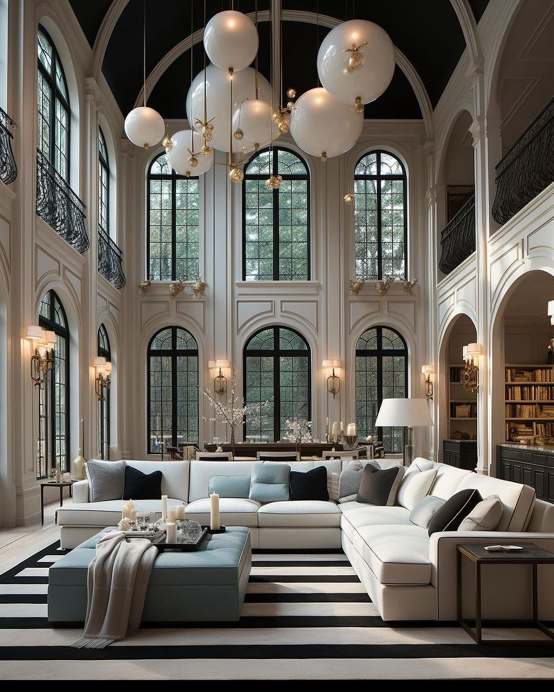 Luxurious High-Ceilinged Library and Living Room