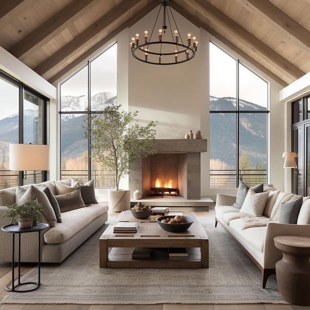 A serene mountain view living room with a grand fireplace