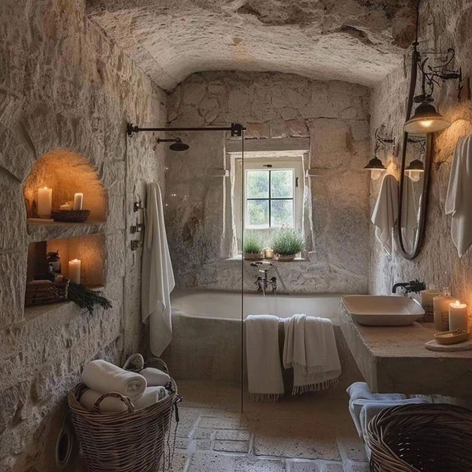 A serene and rustic bathroom retreat carved into stone