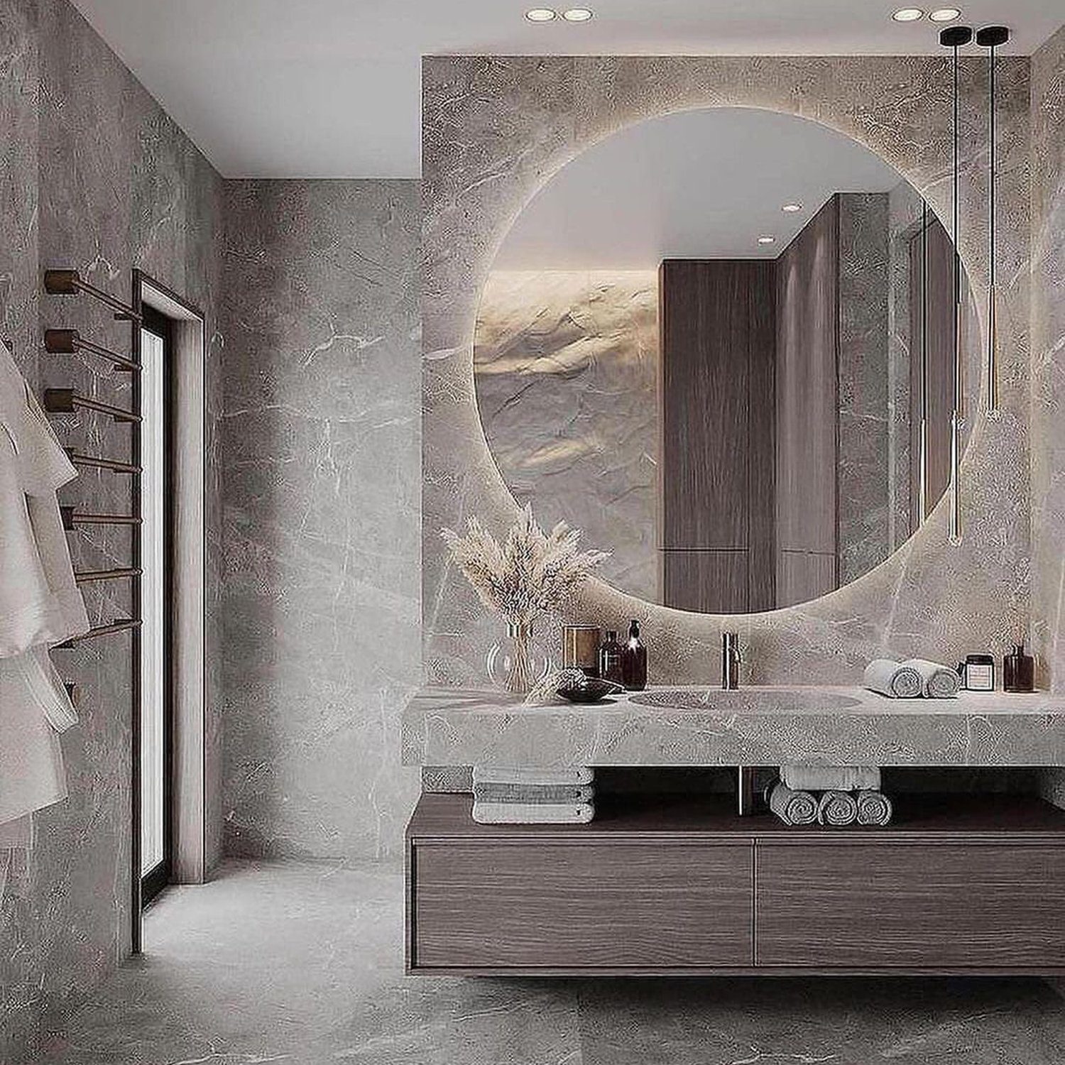 Modern Bathroom with a Circular Mirror