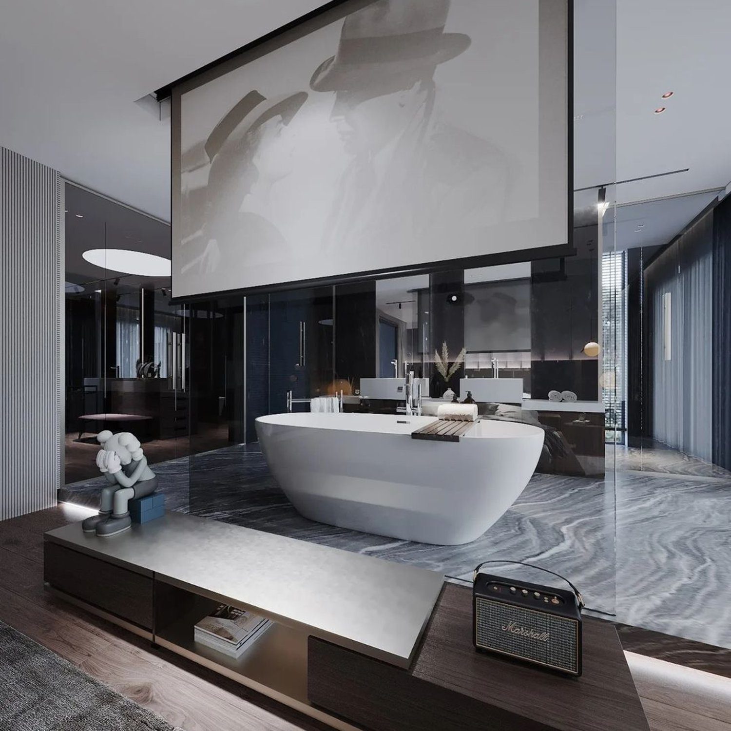 An ultramodern bathroom with a cinematic touch