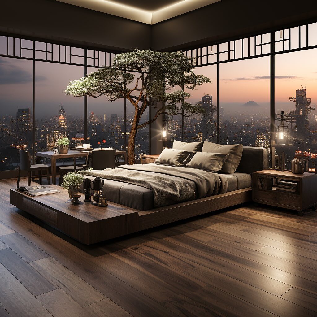 A modern urban bedroom with panoramic city views