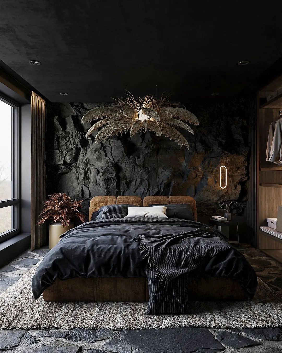 A dark-toned bedroom incorporating natural elements