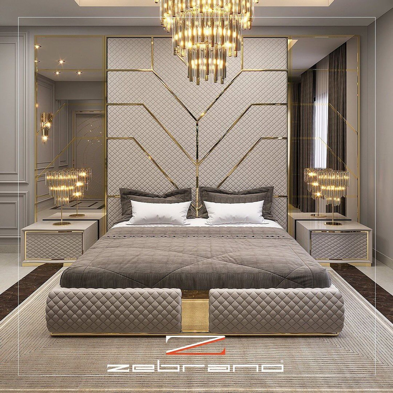 Luxurious bedroom with a geometric headboard