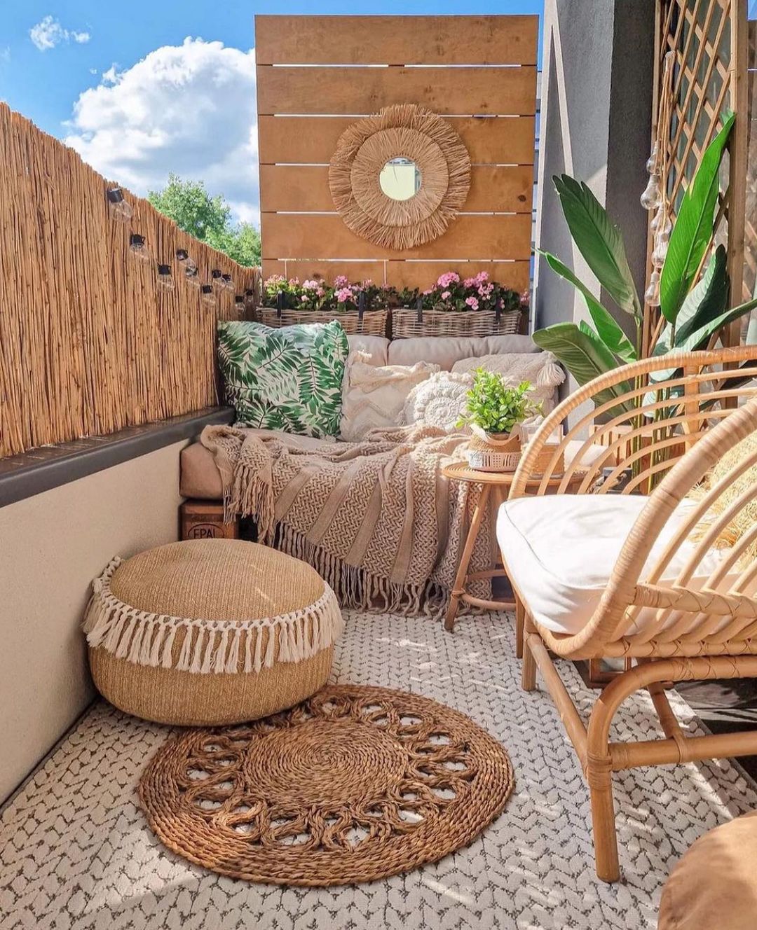 A cozy balcony featuring natural textures and plants