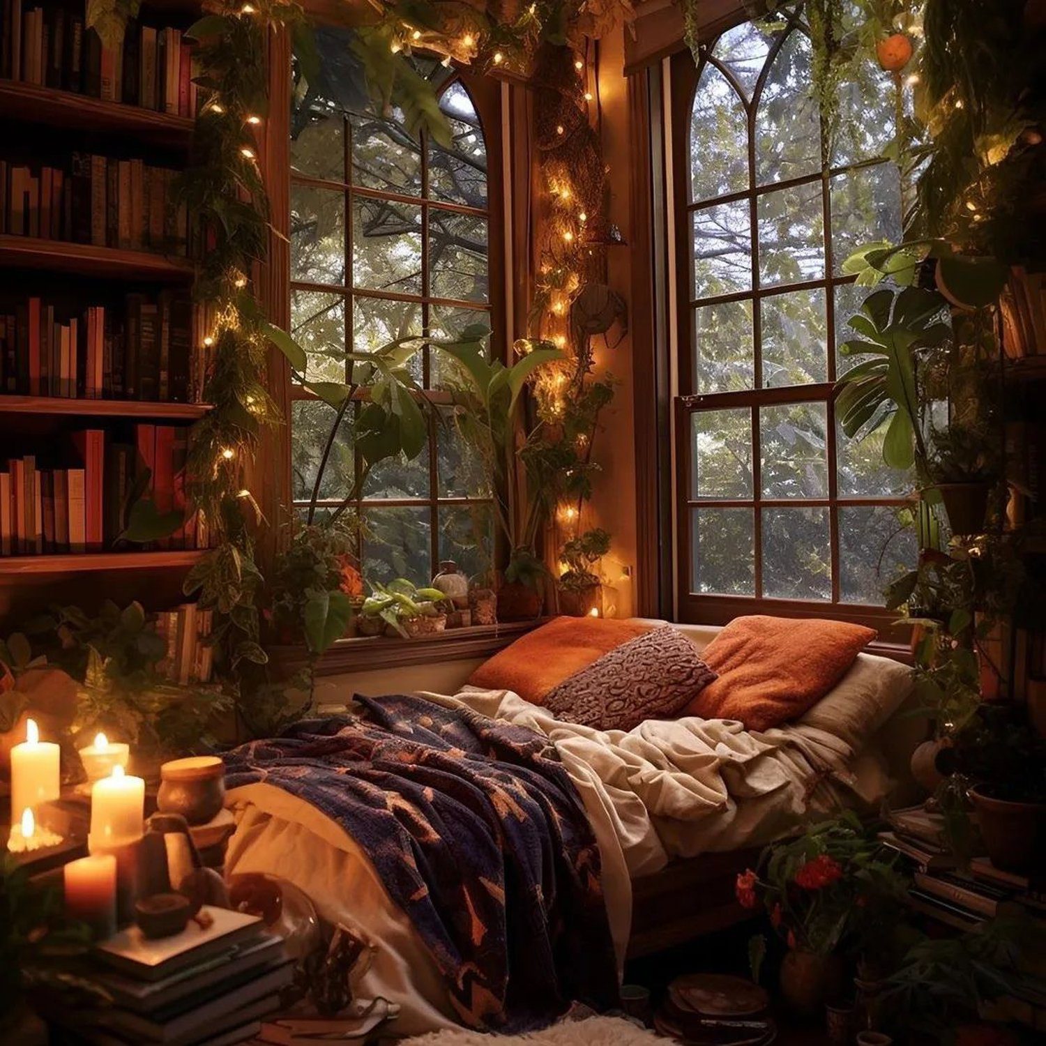 Cozy reading nook with a warm ambiance