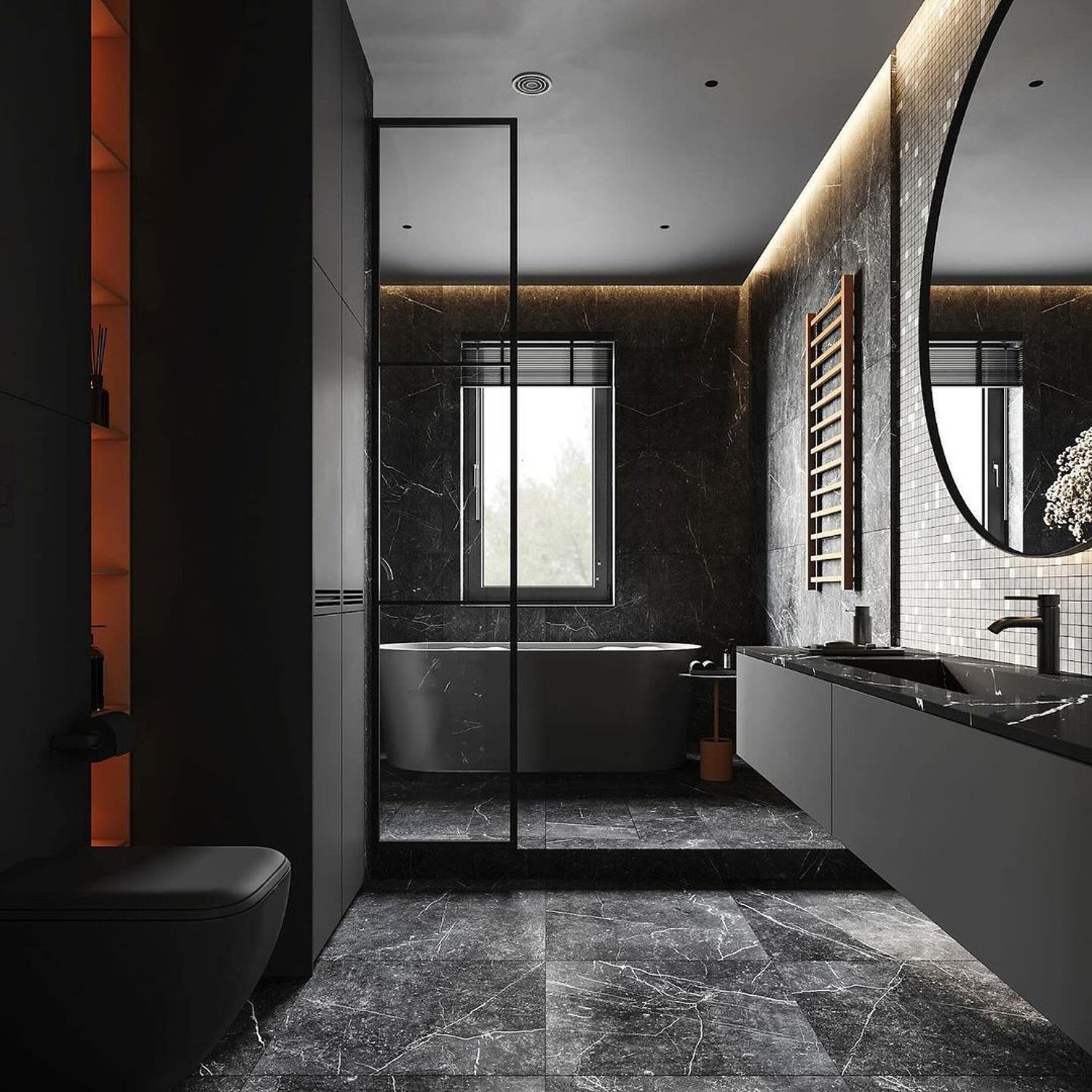 Luxurious Modern Bathroom with Black Marble Features