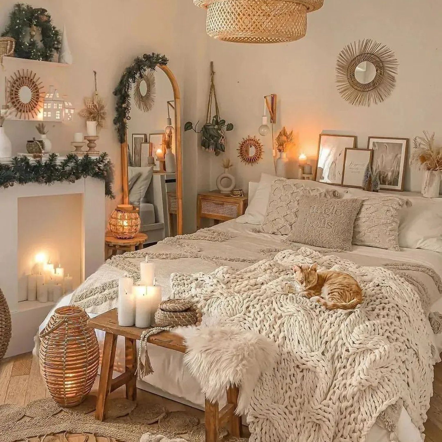 Cozy bedroom with festive decor and a sleeping cat