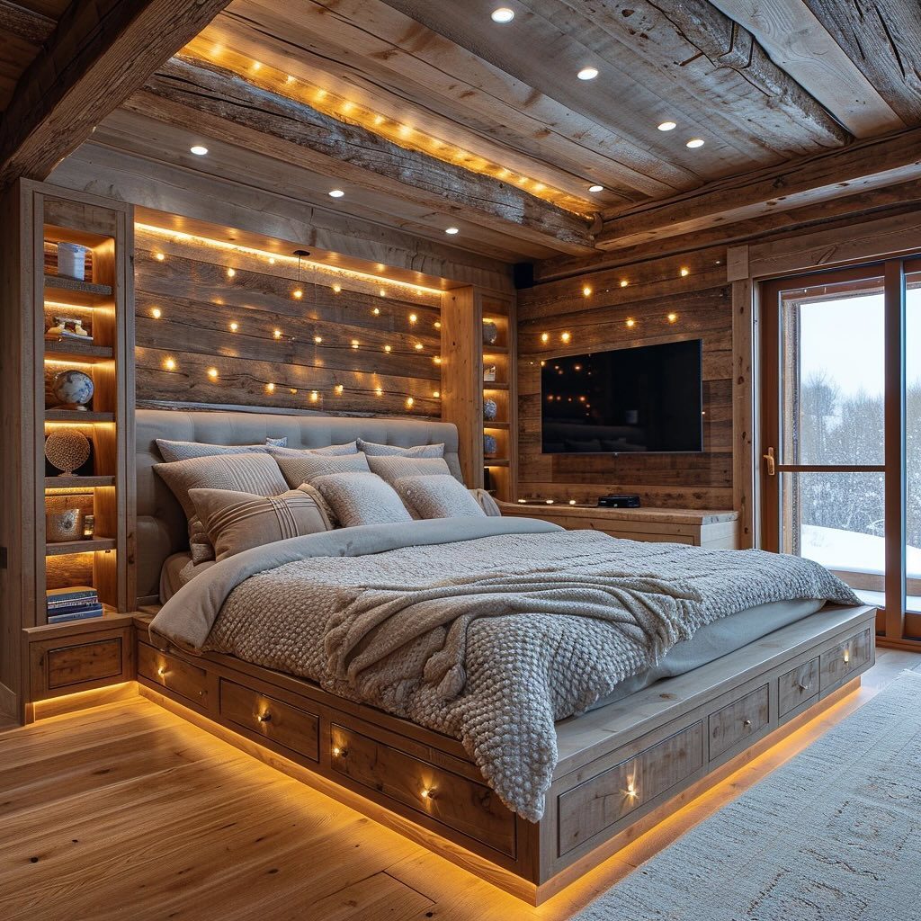 Cozy wooden bedroom with ambient lighting