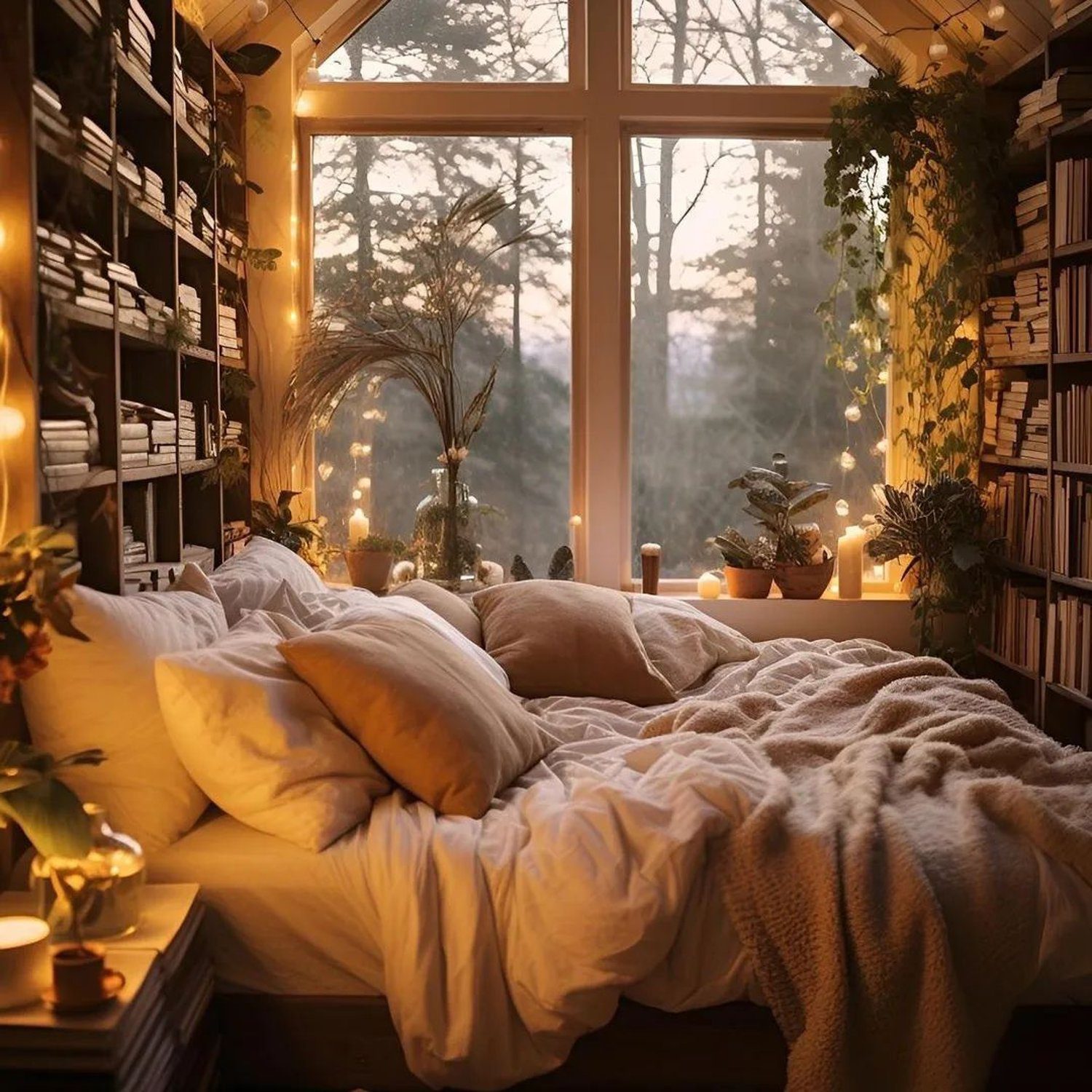 Cozy book nook with twilight view