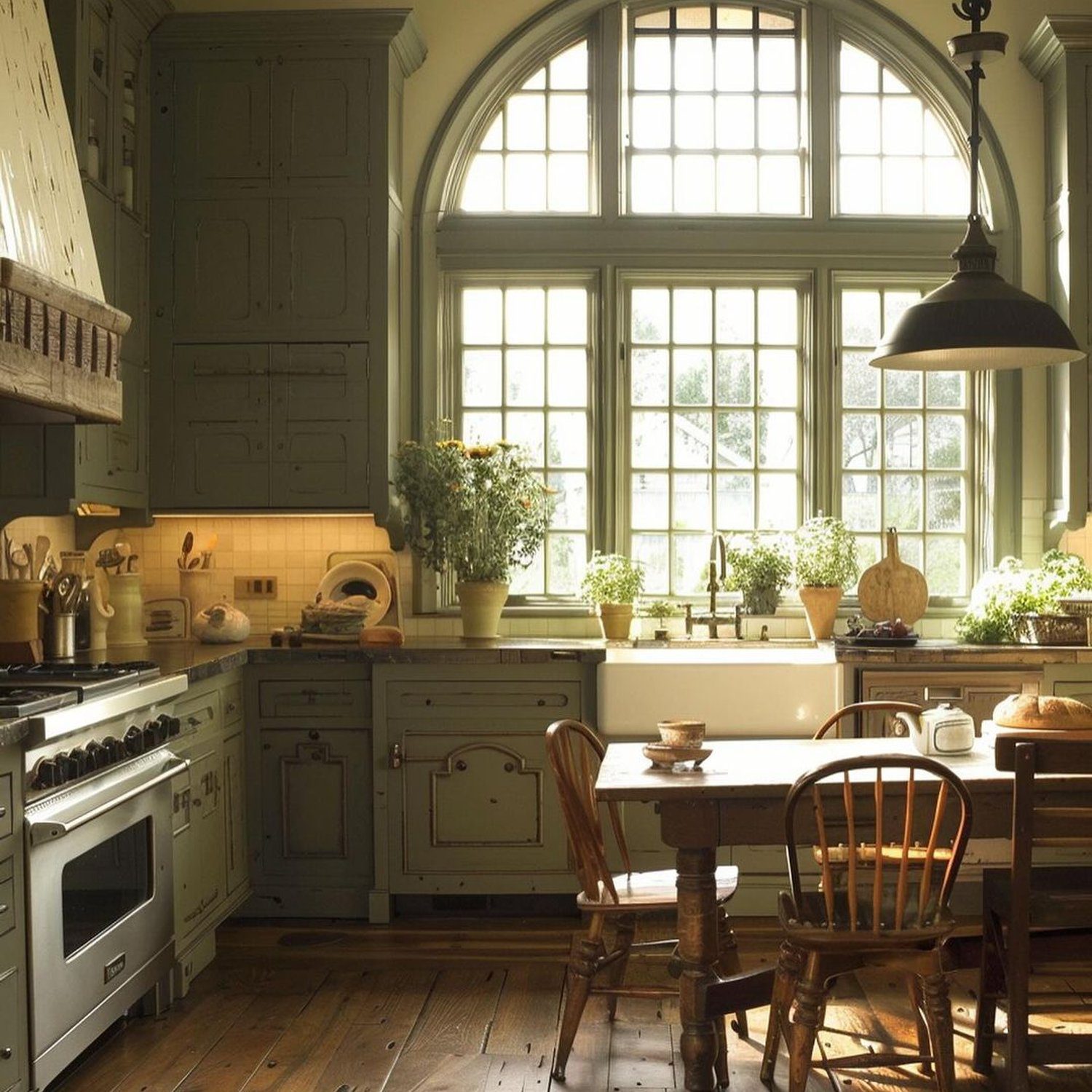 A rustic and inviting kitchen with warm wooden floors and classic cabinetry.