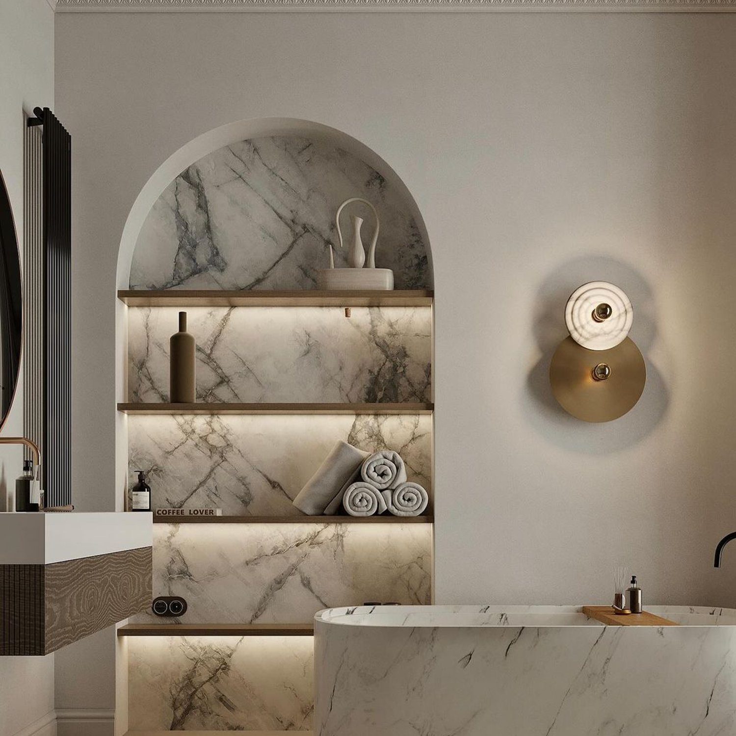 Elegant marble bathroom with sophisticated lighting