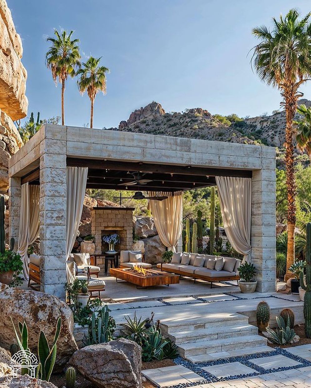 A serene outdoor lounging area nestled among rugged desert terrain