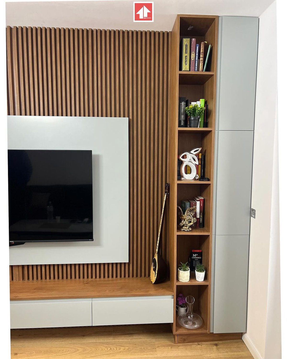 A modern living room corner having sleek wooden textures