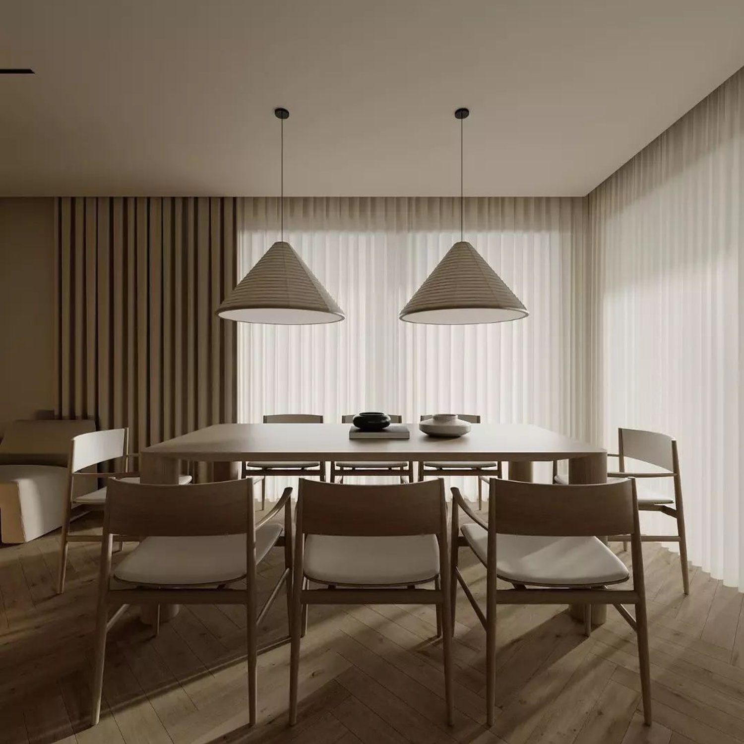 Minimalist dining room design with neutral tones