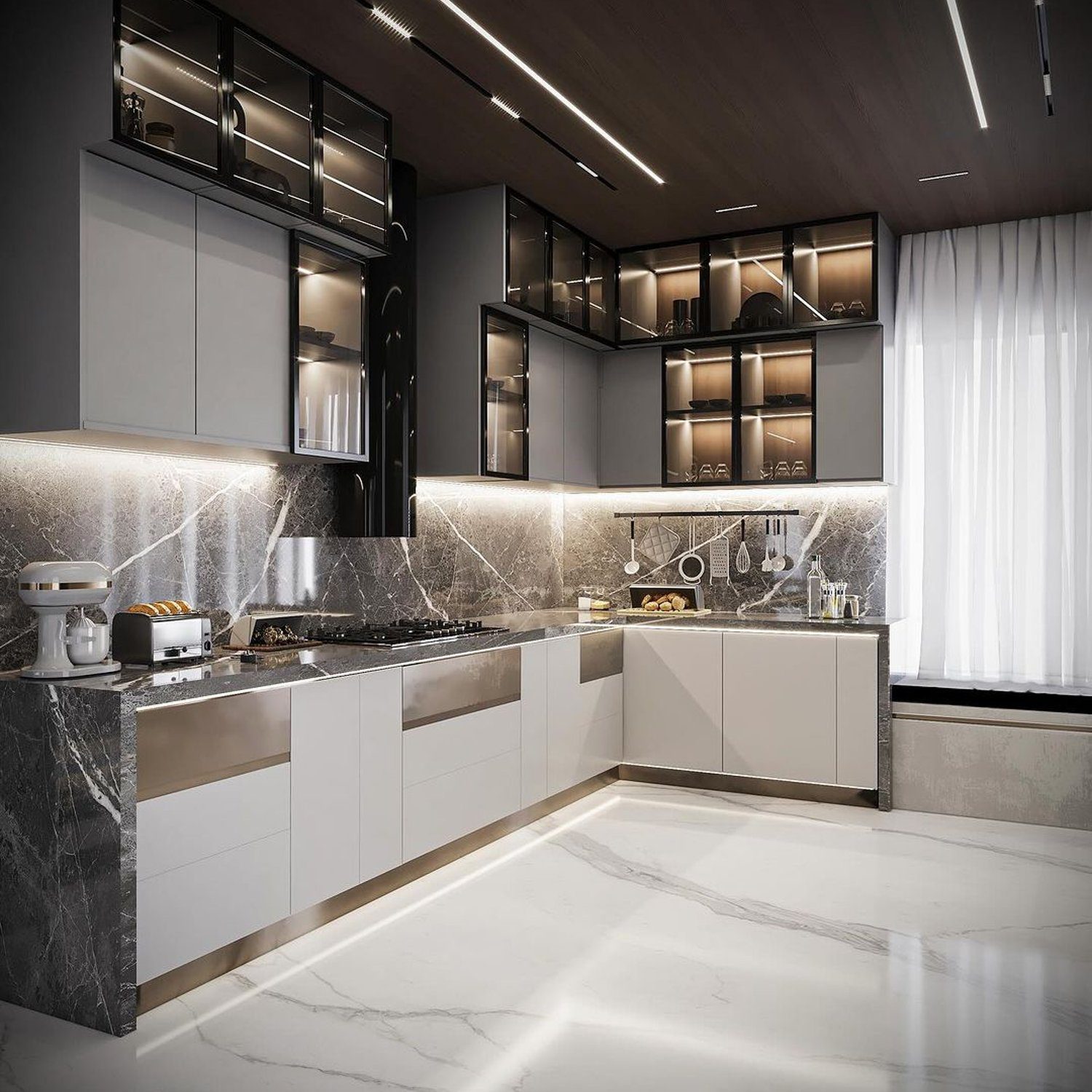 Modern Marble Kitchen with Advanced Lighting