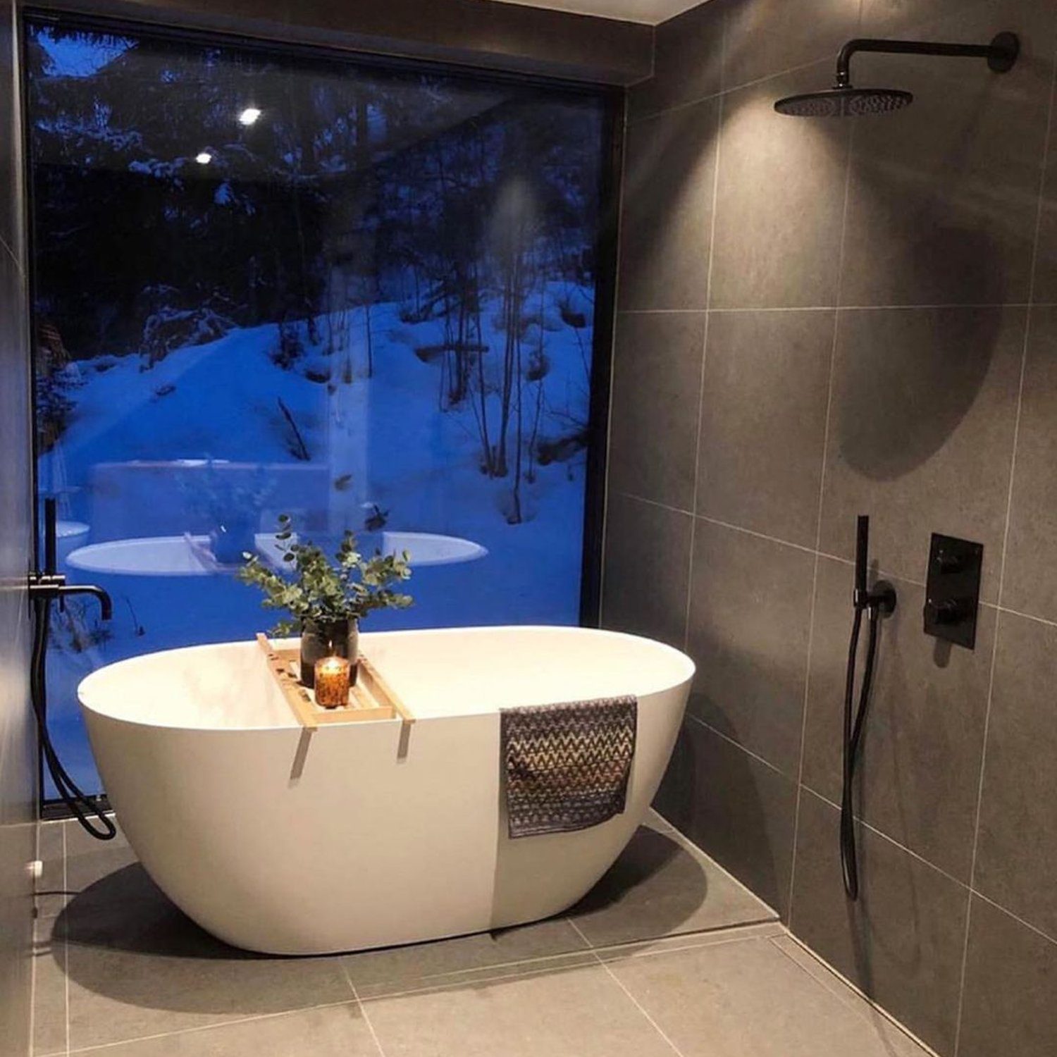 A serene winter bathroom scene