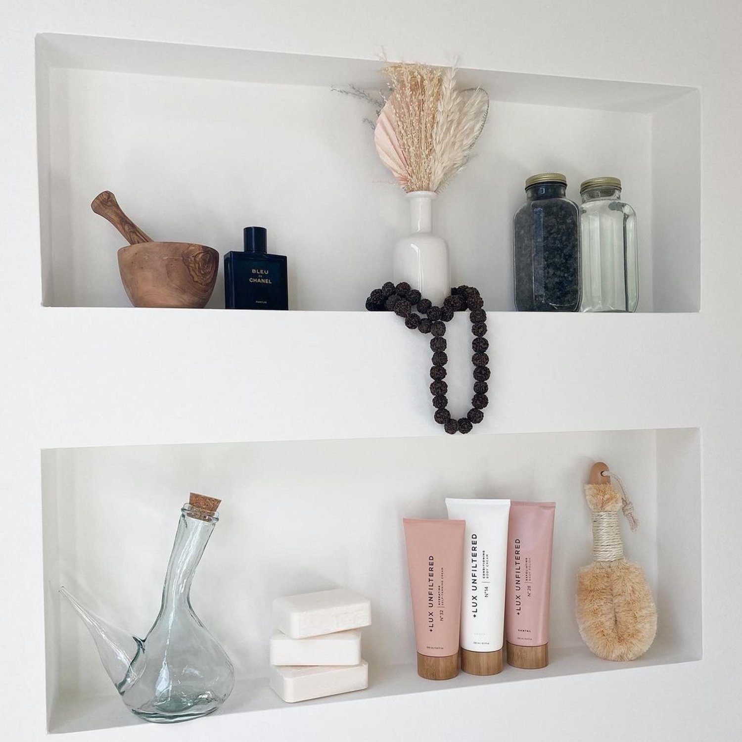 Chic minimalistic shelving with decorative items