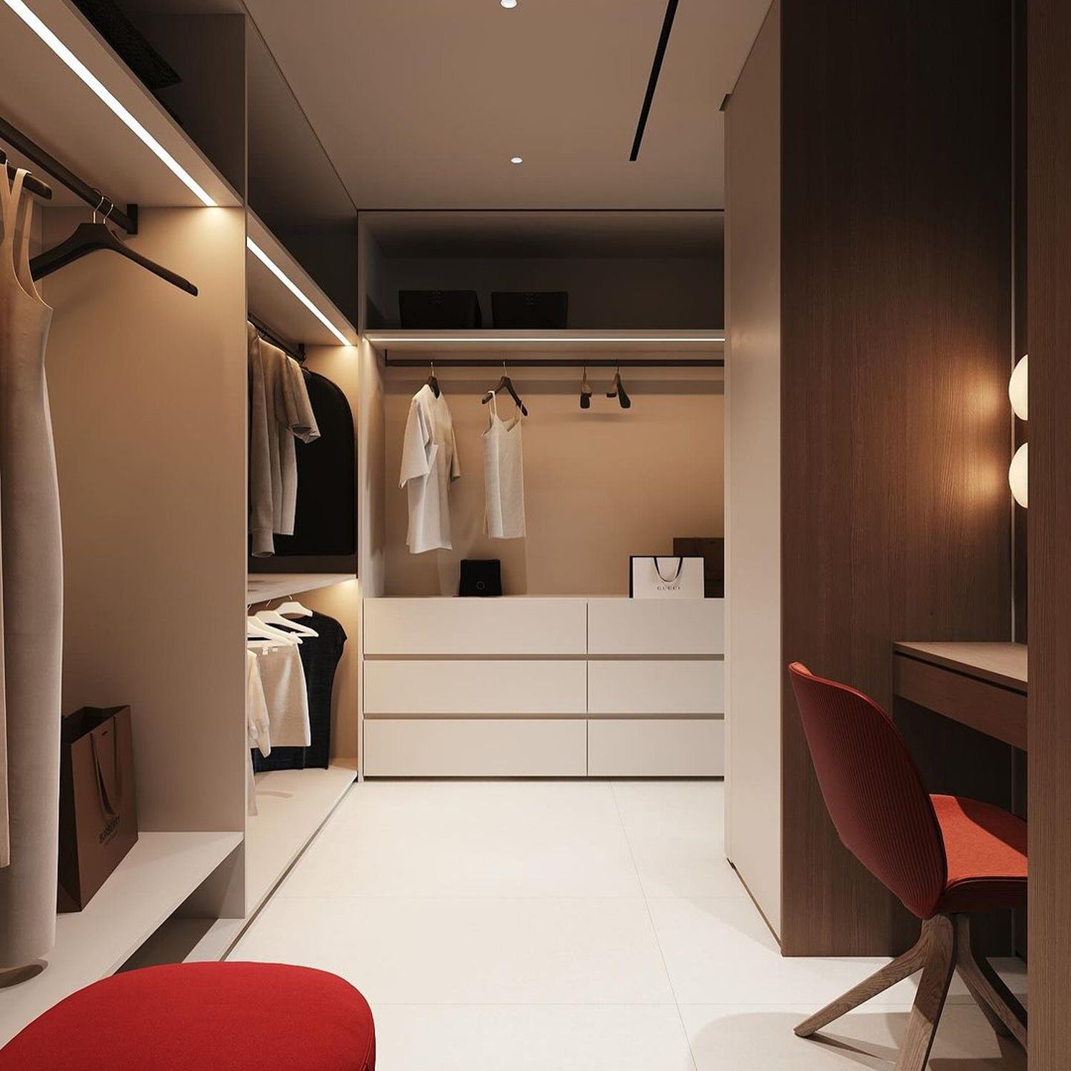 A stylish and modern walk-in closet with a sophisticated design