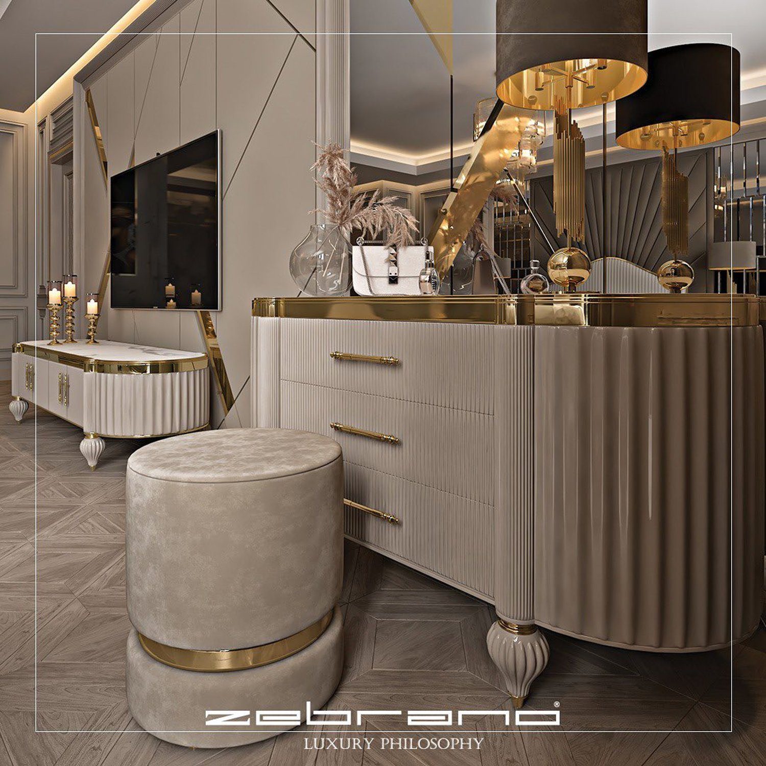 Luxury bathroom design with golden accents