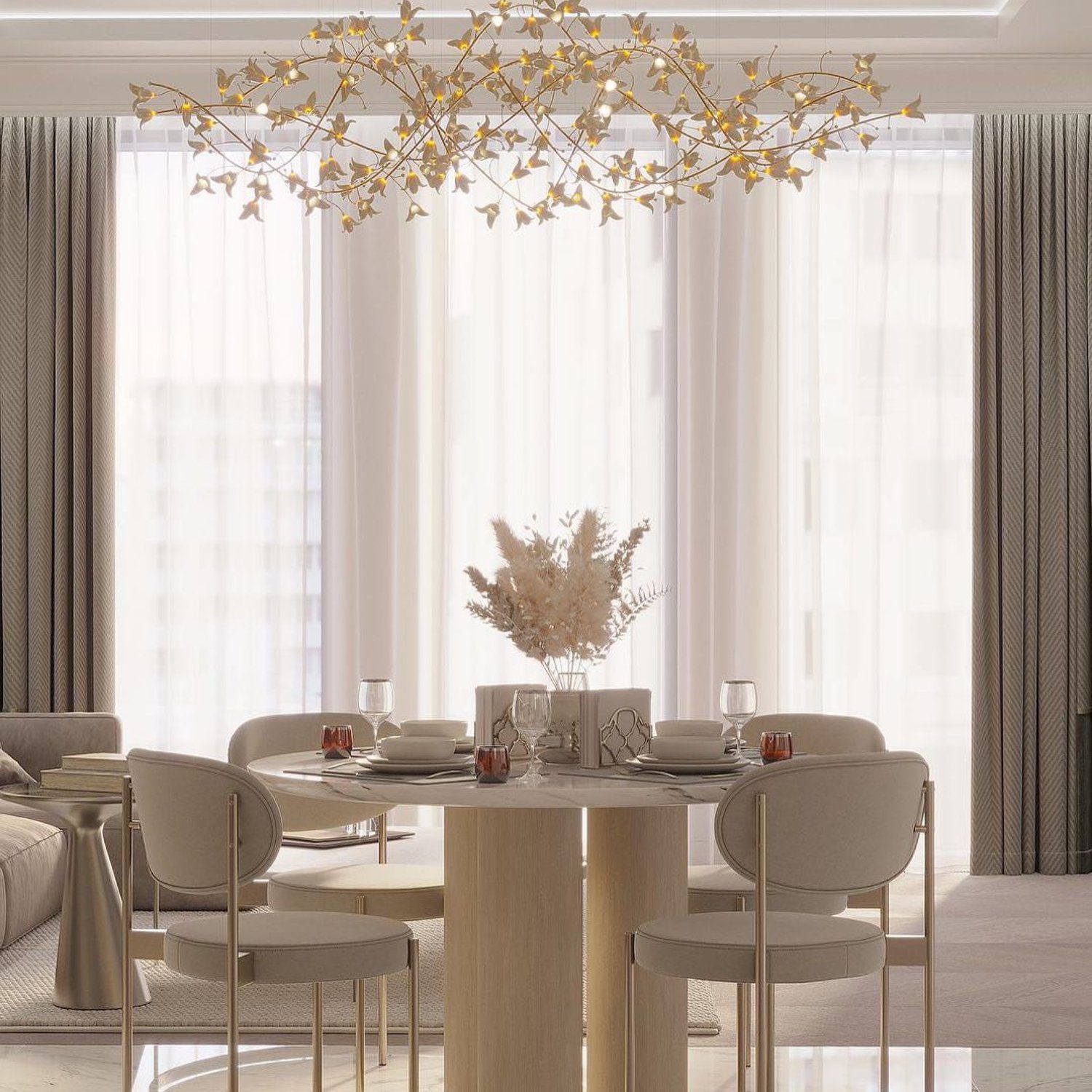 Elegant dining area with artistic chandelier