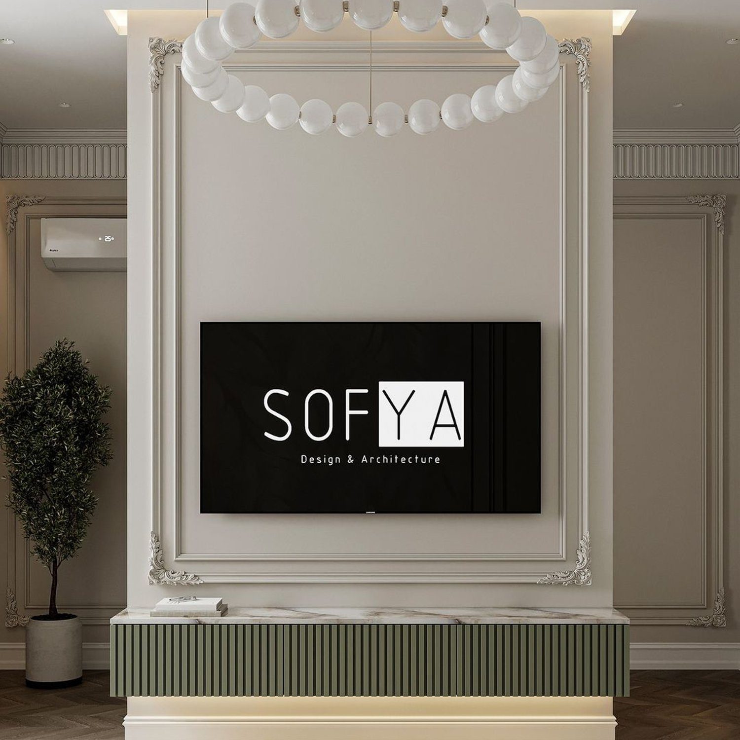 Elegant interior design featuring a TV screen with 'SOFYA Design & Architecture' on display