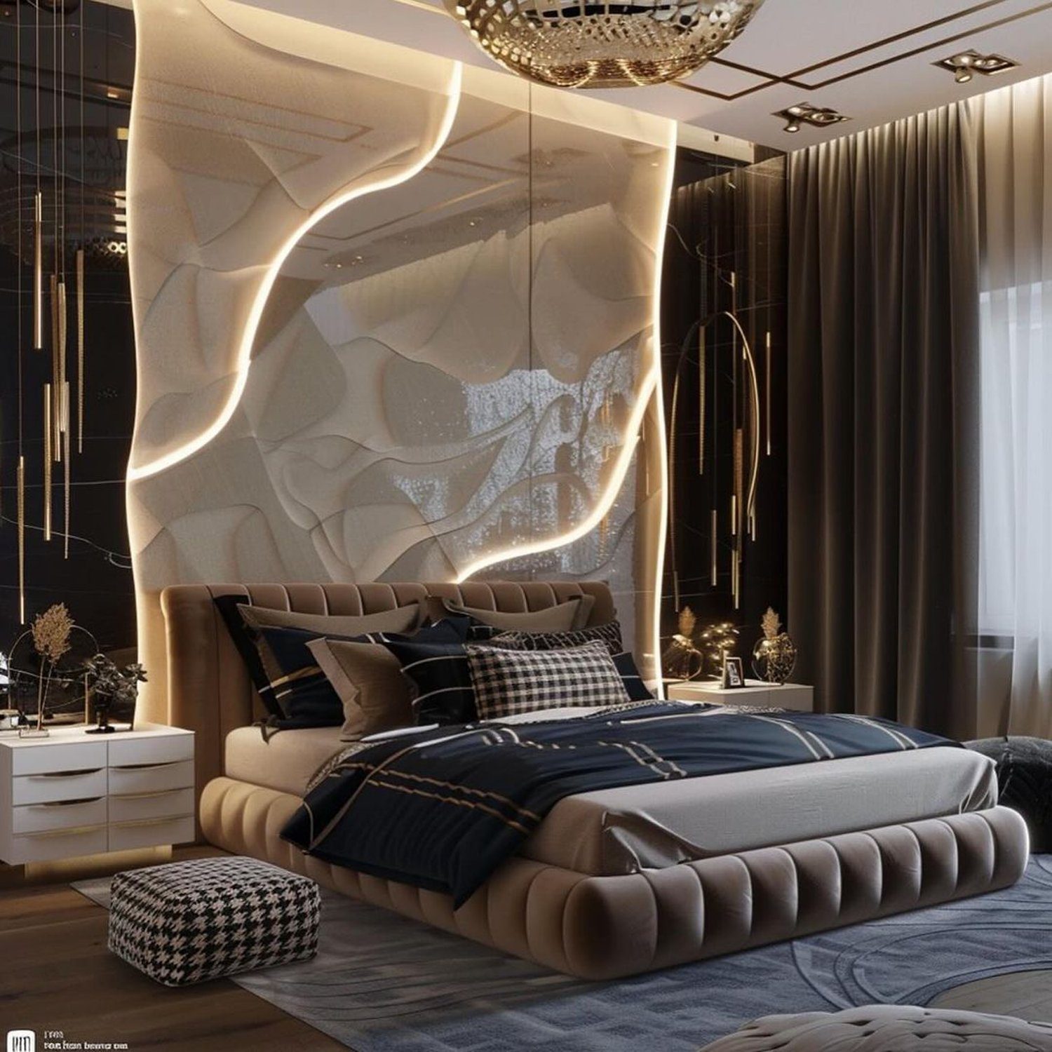 Luxurious bedroom with artistic lighting