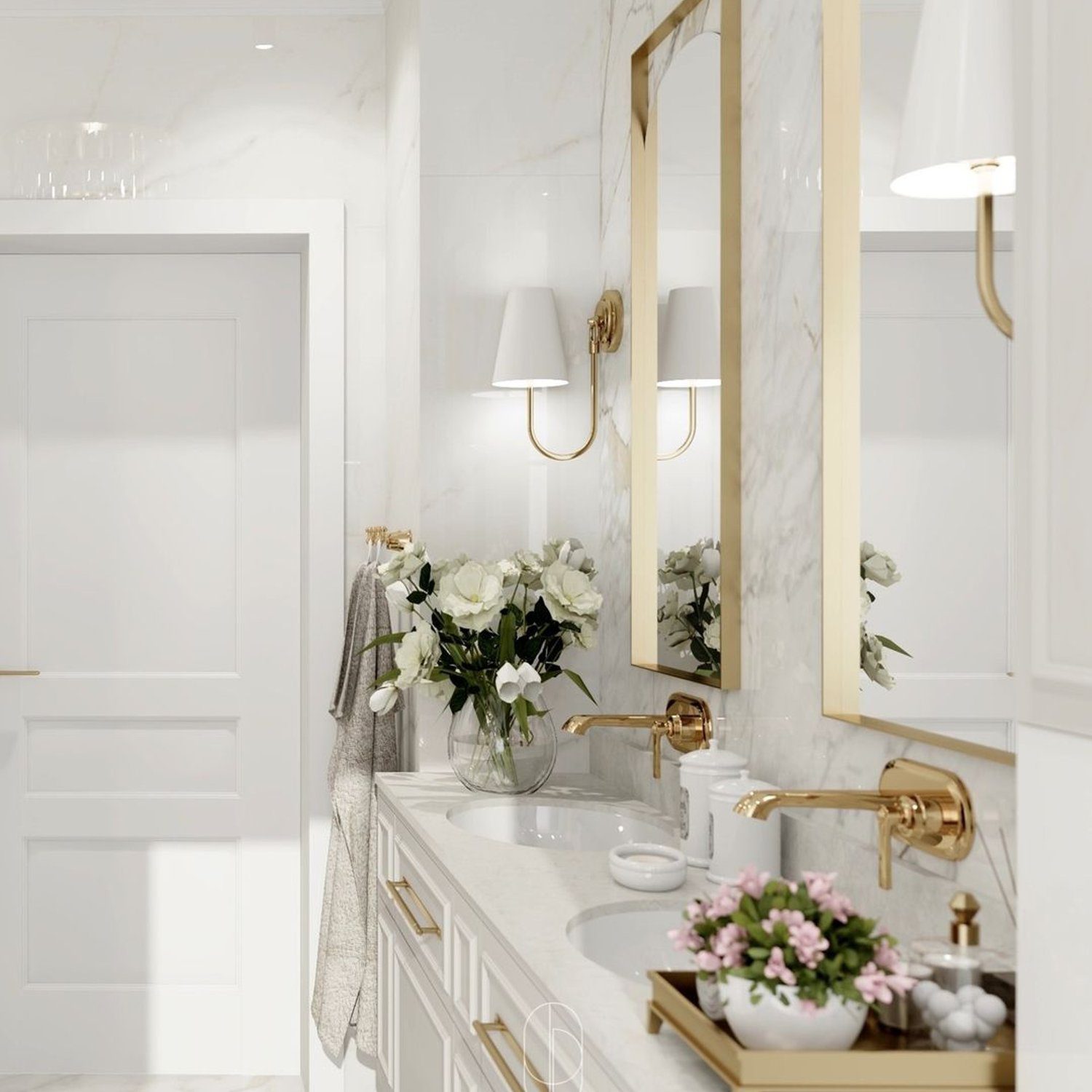 Elegant white marble bathroom with gold accents