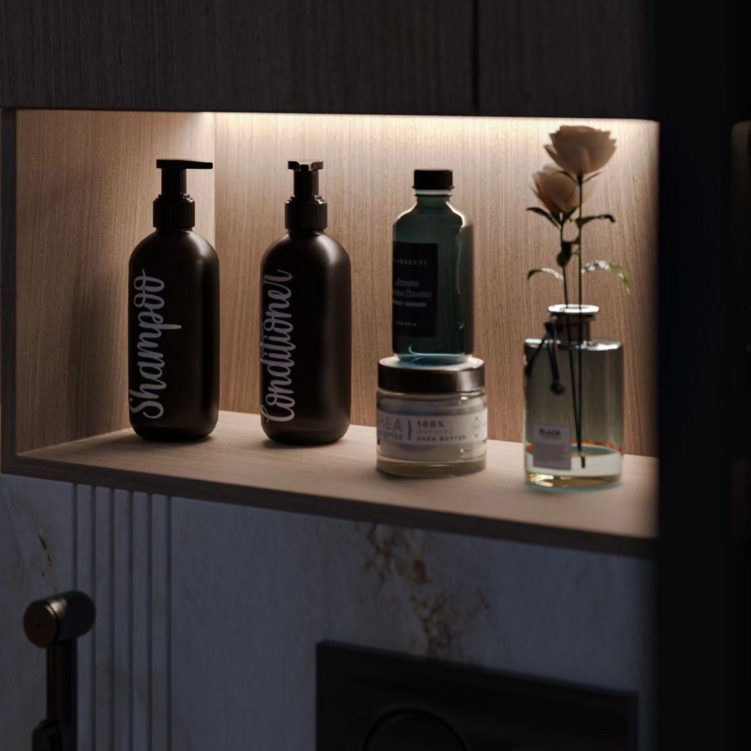 Elegant bathroom shelf display with personal care products