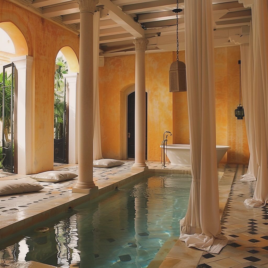 Luxurious Indoor Pool Area with Draped Columns