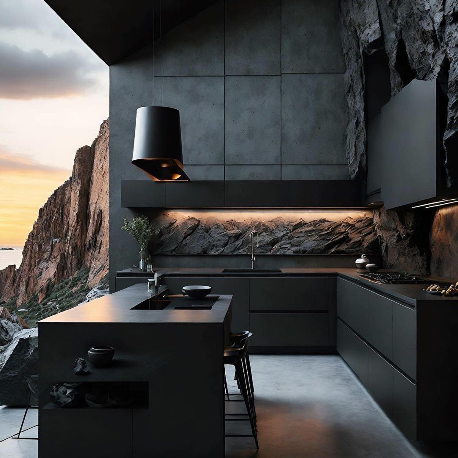 A sleek and futuristic kitchen seamlessly integrated into a rugged cliffside, with panoramic views of the sunset over the ocean.